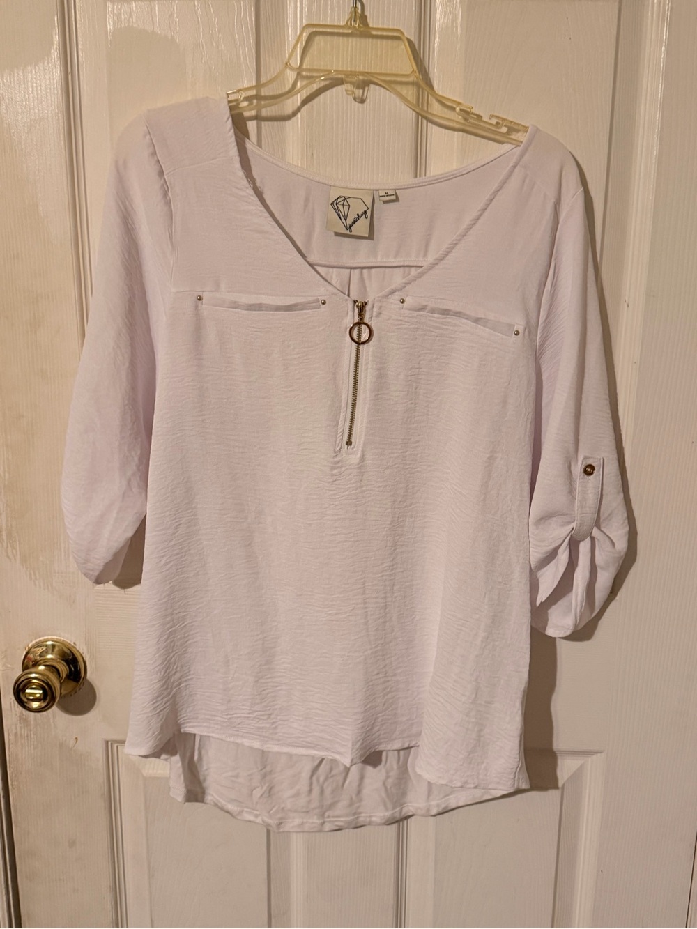 NWT Janet Chung White Half Zip Blouse Roll Tab Sleeve Size M